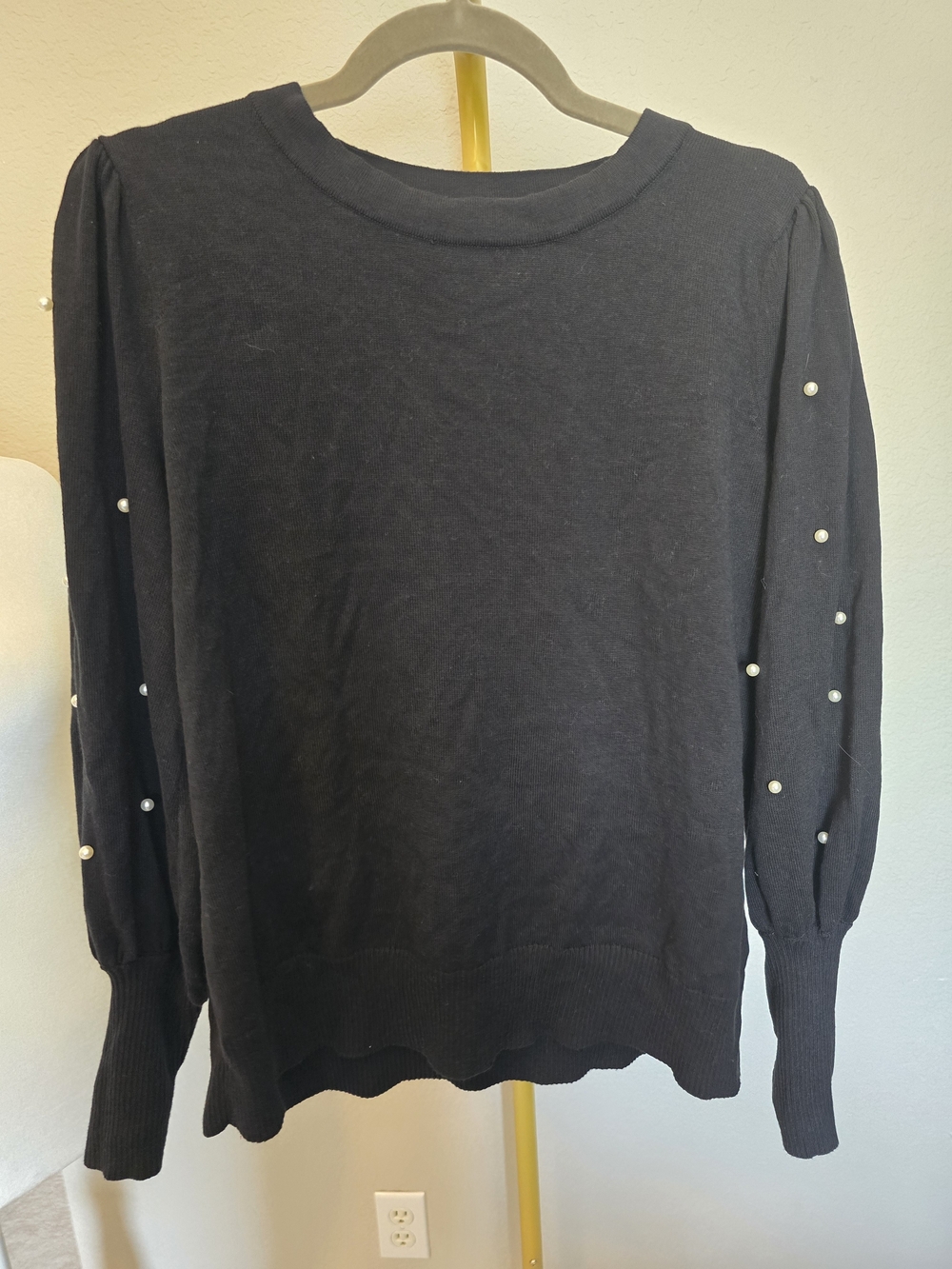 Belle by Kim Gravel Black Crewneck Sweater with Pearl Sleeve Accents